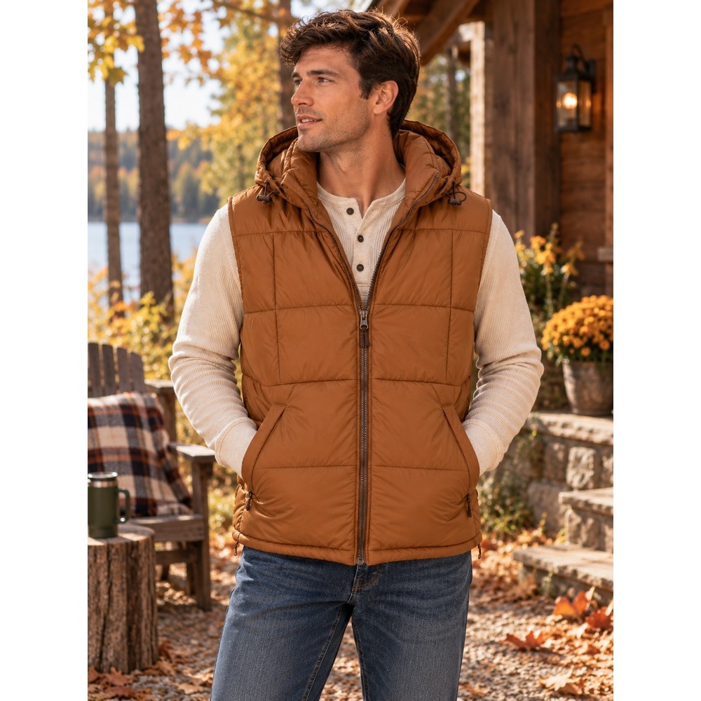 American Eagle Mens Brown Puffer Vest Hooded PrimaLoft Insulated Medium